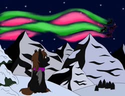 Size: 1024x792 | Tagged: safe, artist:chili19, oc, oc only, bat pony, deer, pony, reindeer, aurora borealis, bat pony oc, clothes, looking up, mountain, night, open mouth, scarf, solo, stars