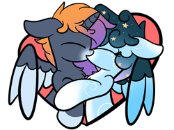 Size: 2560x1920 | Tagged: safe, artist:php142, part of a set, oc, oc only, oc:stellar constellation, oc:sunset winds, alicorn, pegasus, pony, chest fluff, cute, ethereal mane, eyes closed, female, gradient mane, kissing, male, mare, simple background, stallion, starry mane, stars, transparent background, two toned wings, wings, ych result