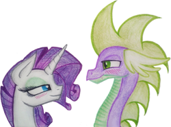Size: 695x513 | Tagged: safe, artist:mysteriousshine, rarity, spike, dragon, pony, unicorn, g4, bedroom eyes, blushing, bust, eyelashes, female, makeup, male, mare, older, older spike, ship:sparity, shipping, simple background, smiling, straight, traditional art, white background