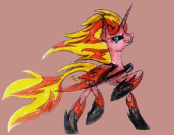 Size: 700x542 | Tagged: safe, artist:mysteriousshine, sunset shimmer, alicorn, demon, demon pony, original species, pony, g4, equestria girls ponified, female, hoofs shoes, mane of fire, mare, ponified, raised hoof, simple background, smiling, smirk, solo, sunset satan, traditional art