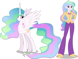 Size: 3415x2599 | Tagged: safe, artist:vector-brony, edit, editor:slayerbvc, vector edit, princess celestia, principal celestia, alicorn, human, pony, equestria girls, g4, accessory-less edit, bare hooves, brooch, cutie mark accessory, cutie mark brooch, female, hand on hip, high res, human ponidox, jewelry, mare, missing accessory, no makeup edit, self ponidox, simple background, smiling, spread wings, transparent background, vector, wings