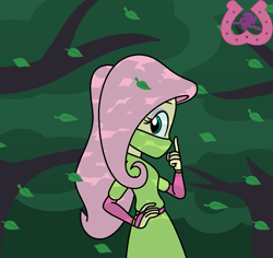 Size: 1001x945 | Tagged: safe, artist:author92, fluttershy, human, equestria girls, g4, alternate clothes, brightly colored ninjas, forest, hand on hip, kunoichi, leaf, leaves, mask, ninja, tree