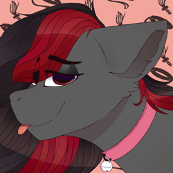 Size: 1024x1024 | Tagged: safe, artist:jayliedoodle, oc, oc:discordant storm, pony, :p, bust, collar, collar with bell, commission, cutie, gray coat, portrait, profile picture, red and black mane, smug, tongue out