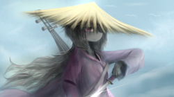 Size: 2500x1400 | Tagged: safe, artist:ssnerdy, octavia melody, earth pony, anthro, g4, female, hair over one eye, hat, katana, looking at you, musical instrument, samurai, scar, solo, sword, unsheathing, vaguely asian robe, weapon, windswept hair