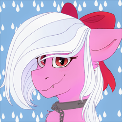 Size: 1024x1024 | Tagged: safe, artist:jayliedoodle, oc, oc only, bat pony, pony, bust, collar, pink coat, ribbon, shackles, shy, solo, white mane