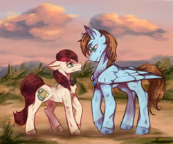 Size: 3000x2500 | Tagged: safe, artist:tired_dog, oc, oc only, oc:appleale, oc:sorren, earth pony, pegasus, pony, bowtie, female, high res, larger male, male, mare, painting, size difference, smaller female, stallion