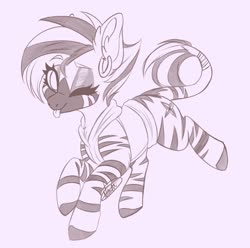 Size: 1024x1014 | Tagged: safe, artist:red_moonwolf, oc, oc only, oc:zyala, zebra, clothes, cute, ear piercing, earring, female, hoodie, jewelry, one eye closed, piercing, tongue out, wink