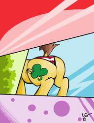 Size: 1064x1392 | Tagged: safe, artist:lucas_gaxiola, oc, oc only, oc:charmed clover, earth pony, pony, abstract background, clothes, dock, earth pony oc, male, panties, signature, solo, stallion, underwear