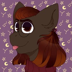 Size: 1024x1024 | Tagged: safe, artist:jayliedoodle, oc, oc only, oc:jaylie doodle, pony, :p, abstract background, bow, brown hair, bust, clothes, constellation, cutie, female, glasses, hair bow, mare, moon, purple background, short hair, simple background, solo, stars, tongue out, turtleneck