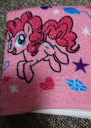 Size: 1460x2048 | Tagged: safe, pinkie pie, earth pony, pony, g4, balloon, diamond, female, heart, irl, mare, photo, smiling, solo, towel