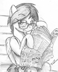Size: 753x930 | Tagged: safe, artist:buckweiser, oc, oc:delta vee, pegasus, pony, black and white, crossword puzzle, glasses, grayscale, hooves, loss (meme), monochrome, newspaper, nostrils, park bench, simple background, sketch