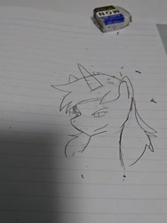 Size: 1080x1440 | Tagged: safe, artist:omegapony16, oc, oc only, pony, unicorn, bust, eraser, horn, irl, lineart, lined paper, photo, smiling, smirk, solo, traditional art, unicorn oc