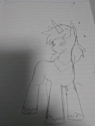 Size: 1080x1440 | Tagged: safe, alternate version, artist:omegapony16, oc, oc only, pony, unicorn, horn, irl, lineart, lined paper, photo, smiling, smirk, solo, traditional art, unicorn oc, unshorn fetlocks