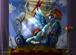 Size: 4500x3250 | Tagged: safe, alternate version, artist:darksly, rainbow dash, semi-anthro, apple, clothes, cloud, column, crepuscular rays, draw me like one of your french girls, female, food, fruit, grapes, greek, green apple, hoof on chin, hoof shoes, jewelry, laurel wreath, looking at you, lounging, orange, queen, rainbow waterfall, signature, solo, spread wings, stand, throne, toga, wings