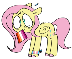 Size: 1500x1230 | Tagged: safe, artist:pinkiespresent, fluttershy, pegasus, pony, g4, female, gender headcanon, headcanon, lesbian pride flag, lgbt headcanon, pride, pride flag, sexuality headcanon, simple background, solo, sweat, trans fluttershy, transgender pride flag, white background