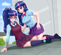 Size: 2000x1800 | Tagged: safe, alternate version, artist:focusb, sci-twi, twilight sparkle, equestria girls, clothes, crystal prep academy uniform, duality, duo, duo female, female, grin, heart eyes, human coloration, lesbian, school uniform, self paradox, shipping, smiling, socks, twitwi, twolight, wingding eyes