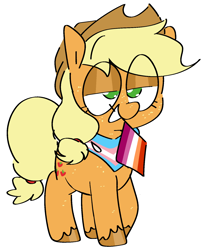 Size: 1344x1643 | Tagged: safe, artist:pinkiespresent, applejack, earth pony, pony, g4, female, gender headcanon, headcanon, lesbian pride flag, lgbt headcanon, pride, pride flag, sexuality headcanon, simple background, solo, transgender pride flag, white background