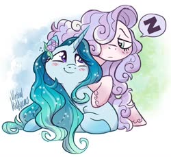 Size: 1080x990 | Tagged: safe, artist:virtualkidavenue, oc, oc only, pony, unicorn, cute, duo, female, flower, flower in hair, frown, looking at each other, mare, ocbetes, smiling