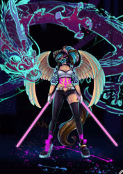 Size: 2199x3110 | Tagged: safe, artist:lifejoyart, oc, oc only, oc:revy, dragon, pegasus, anthro, unguligrade anthro, akali, assassin, fantasy class, high res, k/da, league of legends, looking at you, rogue, solo, wings