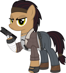 Size: 5331x5879 | Tagged: safe, artist:pink1ejack, edit, earth pony, pony, absurd resolution, alyx vance, bandage, clothes, female, gloves, gun, half-life, half-life 2, handgun, jewelry, pendant, pistol, ponified, raised hoof, simple background, solo, transparent background, vector, video game, weapon