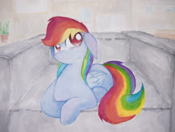 Size: 4032x3024 | Tagged: safe, artist:papersurgery, rainbow dash, pegasus, pony, g4, female, indoors, mare, sitting, solo, traditional art, watercolor painting