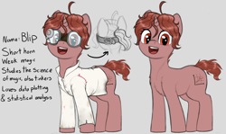 Size: 2120x1264 | Tagged: safe, artist:zippysqrl, oc, oc only, oc:blip, pony, unicorn, chest fluff, clothes, cowlick, female, goggles, horn, lab coat, nerd pony, open mouth, simple background, sketch, small horn, solo, stains, statistics