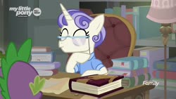 Size: 1920x1080 | Tagged: safe, screencap, first folio, spike, pony, unicorn, g4, the point of no return, book, discovery family, discovery family logo, glasses, lamp, logo