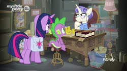 Size: 1920x1080 | Tagged: safe, screencap, first folio, spike, twilight sparkle, alicorn, dragon, pony, g4, the point of no return, bag, bits, book, butt, discovery family, discovery family logo, lamp, logo, plot, saddle bag, sitting, twilight sparkle (alicorn), winged spike, wings