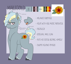 Size: 3000x2700 | Tagged: safe, artist:liefsong, oc, oc:marigold, earth pony, pony, high res, piercing, reference sheet, simple background, tongue piercing