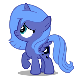 Size: 1415x1451 | Tagged: safe, artist:dashiesparkle edit, artist:zacatron94, edit, editor:dassboshit, princess luna, alicorn, pony, g4, cropped, cute, female, filly, sad, simple background, solo, transparent background, woona, younger