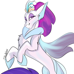 Size: 600x600 | Tagged: safe, artist:sleeping-dreamdale, queen novo, seapony (g4), g4, my little pony: the movie, beautiful, chest fluff, crown, eyeshadow, female, fins, fish tail, jewelry, lidded eyes, looking at you, majestic, makeup, purple eyes, queen, regalia, serious, signature, simple background, solo, transparent background, wings