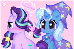 Size: 5855x3858 | Tagged: safe, artist:bunxl, starlight glimmer, trixie, pony, unicorn, alternate hairstyle, blushing, brush, brushing, cape, clothes, cute, duo, duo female, female, flustered, grumpy, hair tie, hairclip, hat, heart eyes, inconvenient trixie, magic, magic aura, mare, pigtails, smiling, trixie's cape, trixie's hat, wingding eyes