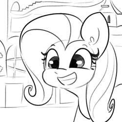 Size: 2250x2250 | Tagged: safe, artist:tjpones, fluttershy, pegasus, pony, g4, stare master, bird house, black and white, cute, female, fluttershy's cottage, grayscale, grin, high res, lineart, mare, monochrome, scene interpretation, shyabetes, smiling, solo, squee