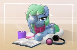 Size: 800x524 | Tagged: safe, artist:jhayarr23, pegasus, pony, book, cloud, female, headphones, mare, prone, solo