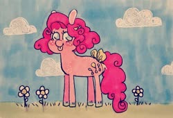 Size: 1280x870 | Tagged: safe, artist:ask-pinkie-polkadot-pie, pinkie pie, pony, tumblr:ask-pinkie-polkadot-pie, g4, bow, female, flower, solo, tail bow, tongue out, younger