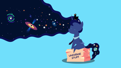 Size: 1920x1080 | Tagged: safe, artist:lost_memory, derpibooru exclusive, princess luna, alicorn, bird, duck, pony, g4, .svg available, black hole, box, earth, ethereal mane, female, galaxy, galaxy mane, kurzgesagt, lapel, lineless, modern art, necktie, planet, planet ponies, pointy ponies, simple background, sitting, smiling, solo, stars, string theory, thinking, vector, wallpaper