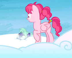 Size: 755x607 | Tagged: safe, screencap, bifröst, night view, earth pony, pegasus, pony, g4, school raze, accessory, background pony, cloud, cropped, duo, falling, falling through clouds, female, folded wings, friendship student, hairband, mare, on a cloud, peril, raised hoof, shocked, sky, standing, tail wrap, wide eyes, wings
