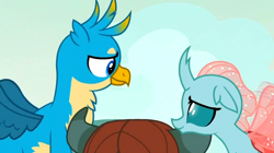 Size: 606x339 | Tagged: safe, screencap, gallus, ocellus, yona, changedling, changeling, griffon, yak, school raze, chest fluff, cloud, cropped, cute, diaocelles, duo focus, eye contact, female, flapping, floppy ears, flying, gallabetes, lidded eyes, looking at each other, male, offscreen character, out of context, shipping fuel, sky, smiling, spread wings, wings