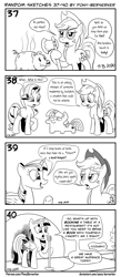 Size: 1320x3035 | Tagged: safe, artist:pony-berserker, applejack, rarity, twilight sparkle, alicorn, earth pony, pig, pony, unicorn, g4, axe, bad joke, black and white, comic, female, grayscale, halftone, hoof hold, i can't believe it's not idw, implied ponies eating meat, mare, monochrome, pun, simple background, speech bubble, stand-up comedy, stink lines, twiggie, twilight sparkle (alicorn), weapon, white background