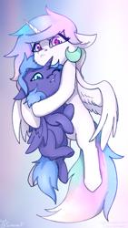 Size: 1080x1920 | Tagged: safe, artist:sinrinf, princess celestia, princess luna, alicorn, pony, g4, carrying, cewestia, cheek fluff, cute, duo, ear fluff, female, filly, floppy ears, foal, hug, leg fluff, one eye closed, phone wallpaper, protecting, royal sisters, siblings, sisters, squishy cheeks, wings, woona, younger