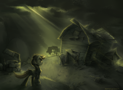 Size: 1880x1383 | Tagged: safe, artist:anotherdeadrat, oc, oc only, oc:littlepip, pony, unicorn, fallout equestria, barn, clothes, fanfic, fanfic art, female, hooves, horn, house, jumpsuit, mare, pipbuck, solo, vault suit, well