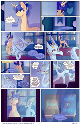 Size: 2301x3549 | Tagged: safe, artist:darlyjay, oc, oc:sterling sentry, pony, unicorn, comic:save the harmony, book, comic, female, high res, magic, mare, offspring, parent:flash sentry, parent:twilight sparkle, parents:flashlight