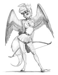 Size: 1000x1297 | Tagged: safe, artist:baron engel, fleetfoot, pegasus, anthro, unguligrade anthro, g4, arrow, bow (weapon), bow and arrow, breasts, choker, cleavage, clothes, dress, female, grayscale, halo, mare, monochrome, pencil drawing, quiver, signature, simple background, solo, stupid sexy fleetfoot, sunglasses, traditional art, weapon, white background