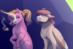 Size: 2200x1500 | Tagged: safe, artist:uunicornicc, luster dawn, oc, oc:lychee twist, pegasus, pony, unicorn, g4, cigarette, magic, magical lesbian spawn, offspring, parent:scootaloo, parent:sweetie belle, parents:scootabelle, smoking