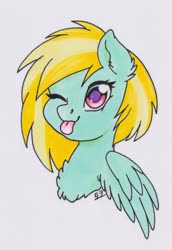 Size: 2941x4274 | Tagged: safe, artist:tokokami, oc, oc:cloud cuddler, pegasus, pony, :p, bust, one eye closed, pegasus oc, portrait, scan, tongue out, traditional art