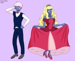 Size: 1920x1571 | Tagged: safe, artist:emlc3690, oc, oc:azure/sapphire, equestria girls, g4, before and after, bowtie, clothes, crossdressing, dress, equestria girls-ified, femboy, gown, makeup, male, purple background, simple background