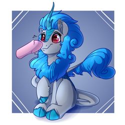 Size: 4000x4000 | Tagged: safe, artist:witchtaunter, oc, oc only, oc:kiwi, kirin, pony, absurd resolution, boop, commission, disembodied hoof, kirin oc, misleading thumbnail, offscreen character, sitting, solo