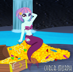 Size: 2560x2504 | Tagged: safe, artist:cyber-murph, sunny flare, mermaid, equestria girls, g4, armpits, barrette, belly, belly button, breasts, busty sunny flare, cave, cleavage, crystal, eyeshadow, gem, high res, jewelry, kissy face, makeup, mermaidized, midriff, necklace, one eye closed, pearl, pearl necklace, seashell bra, signature, species swap, treasure, treasure chest, wink, winking at you