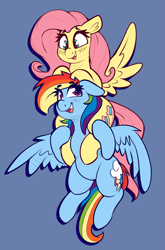 Size: 2287x3474 | Tagged: safe, artist:graphene, fluttershy, rainbow dash, pegasus, pony, g4, cute, duo, duo female, female, floppy ears, happy, high res, holding, looking at each other, mare, open mouth, shoulder ride, smiling, spread wings, wings