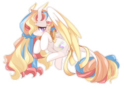 Size: 1385x1000 | Tagged: safe, artist:loyaldis, oc, oc:rainbow dreams, pegasus, pony, blushing, cute, embarrassed, female, hair over one eye, heart eyes, leonine tail, ribbon, simple background, transparent background, wingding eyes, ych result